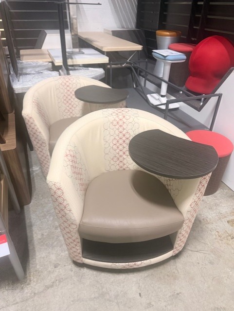 Beige Barrel Back Tablet Arm Chairs