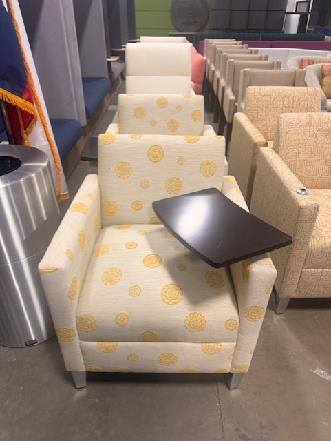 Tablet Arm Club Chairs with Gold Medallion Fabric