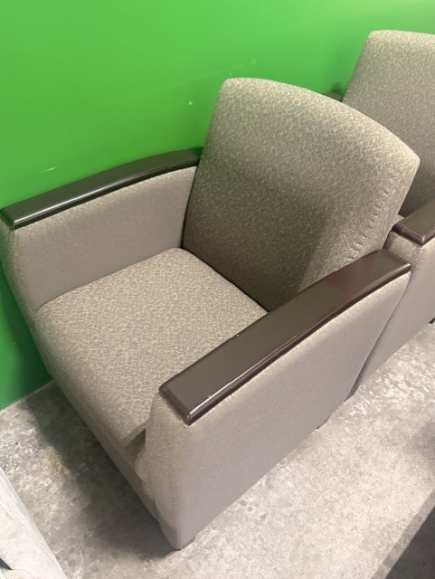 Taupe Club Chairs with Wood Cap Arms