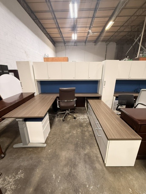 Height Adjustable White and Walnut U-Desk